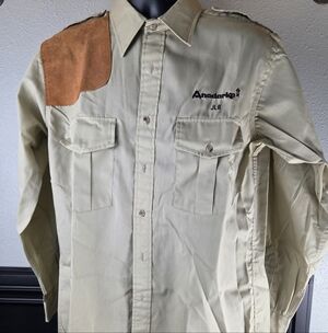 Stafford Anadarko Oil Shooting Shirt Mens L Khaki Rifle Patch Hunting Shirt
